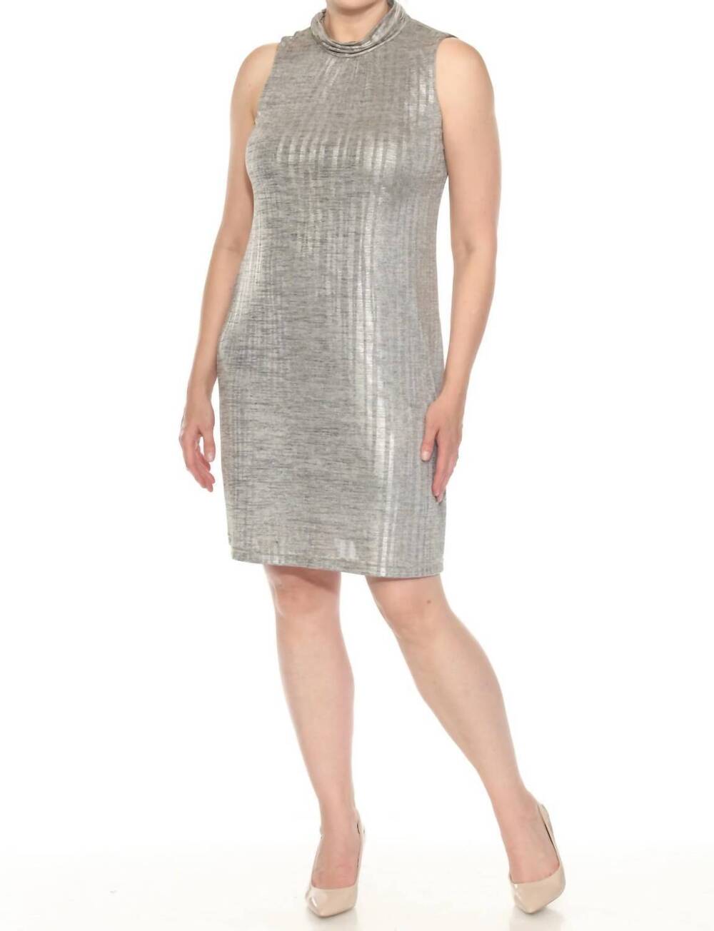 NEW JOSEPH RIBKOFF metallic mock neck sleeveless dress in beige/gold